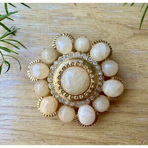 VTG St John Statement Flower Brooch Pin 2" Honey Onyx Rhinestones Gold Tone
